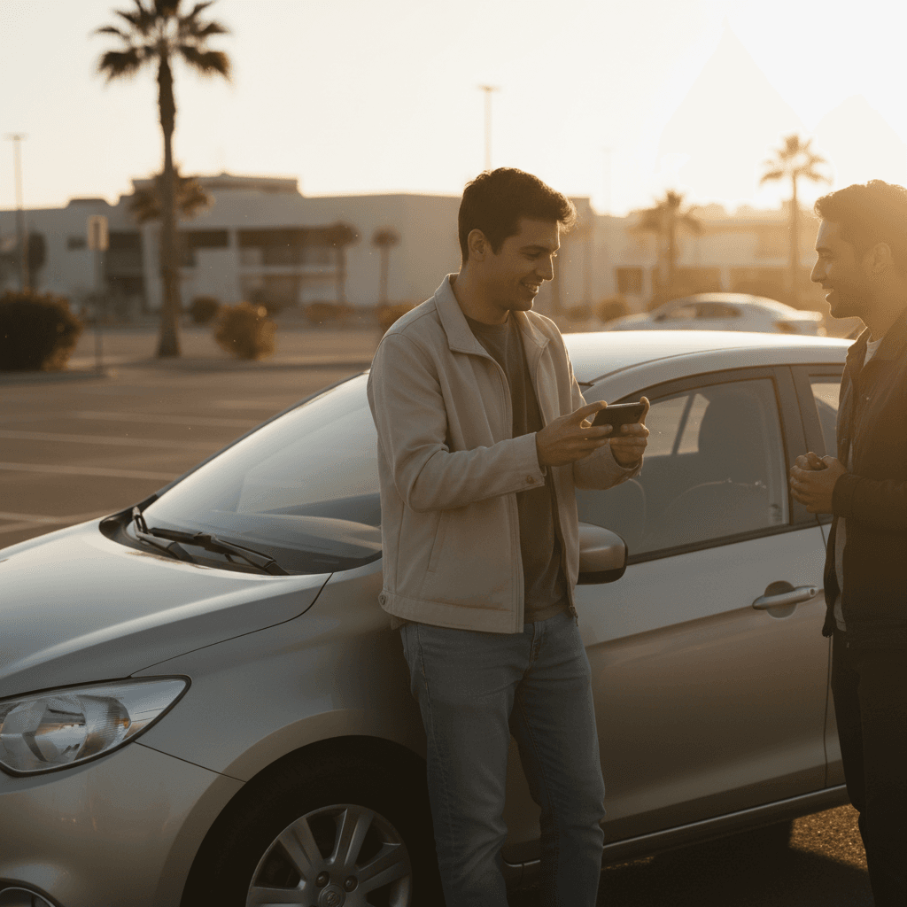 Person on phone next to rental car