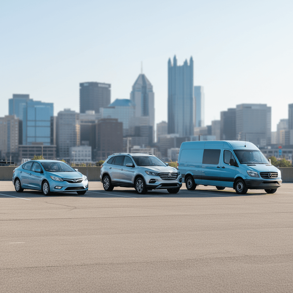 Different vehicle sizes lined up for rental