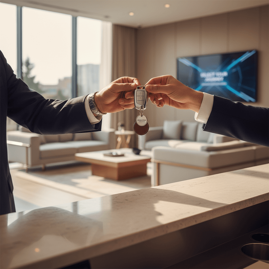 Hand handing car keys to a customer at rental counter