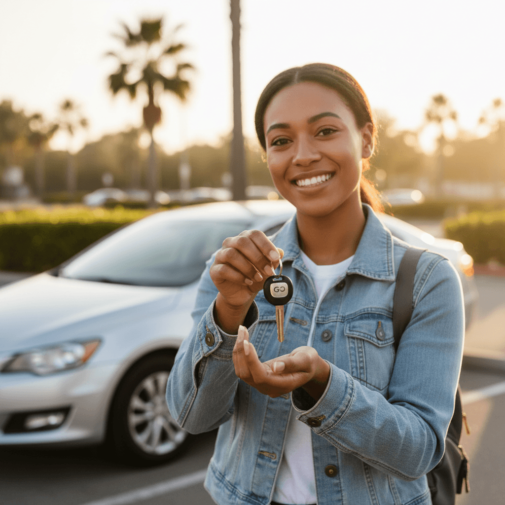 Customer receiving car keys from Millions Mobility staff at Pittsburgh rental lot