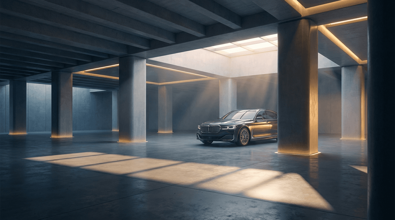 Luxury sedan in an underground parking garage